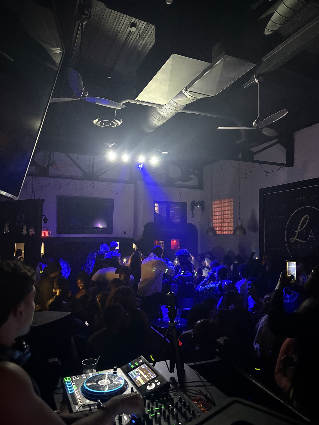 View from the DJ booth across the dance floor